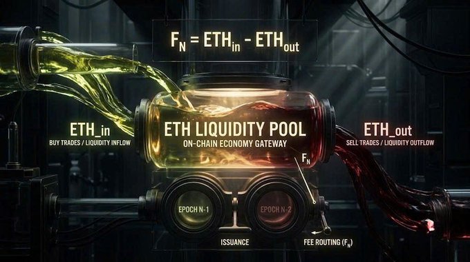 An infographic illustrating an 'ETH LIQUIDITY POOL - ON-CHAIN ECONOMY GATEWAY' with the formula F_N = ETH_in - ETH_out, showing buy/liquidity inflow in green and sell/liquidity outflow in red.