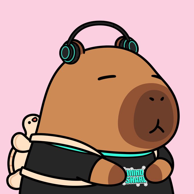 Cartoon illustration of a brown capybara wearing headphones and a black shirt with a 'Mind Share' logo, carrying a small turtle on its back against a pink background.