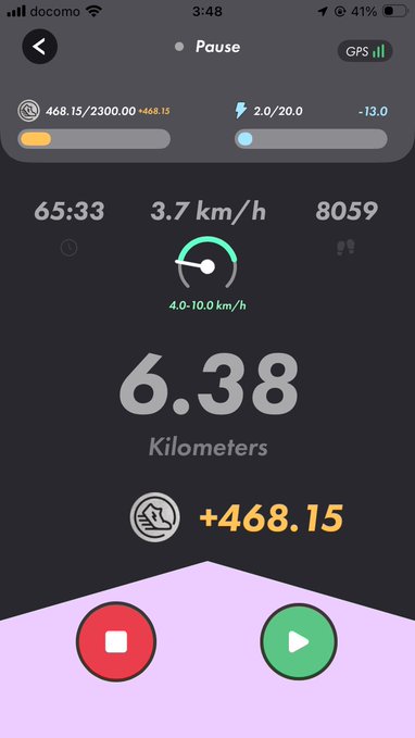 A fitness tracking app screenshot on a phone (docomo carrier, 3:48, 41% battery) showing 6.38 kilometers traveled with 65:33 duration, 3.7 km/h speed, and 8059 steps.