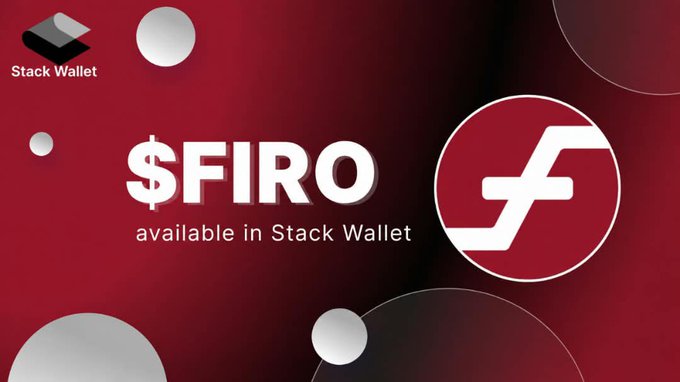 Promotional graphic with a dark red background announcing "$FIRO available in Stack Wallet" alongside the Stack Wallet and Firo cryptocurrency logos.