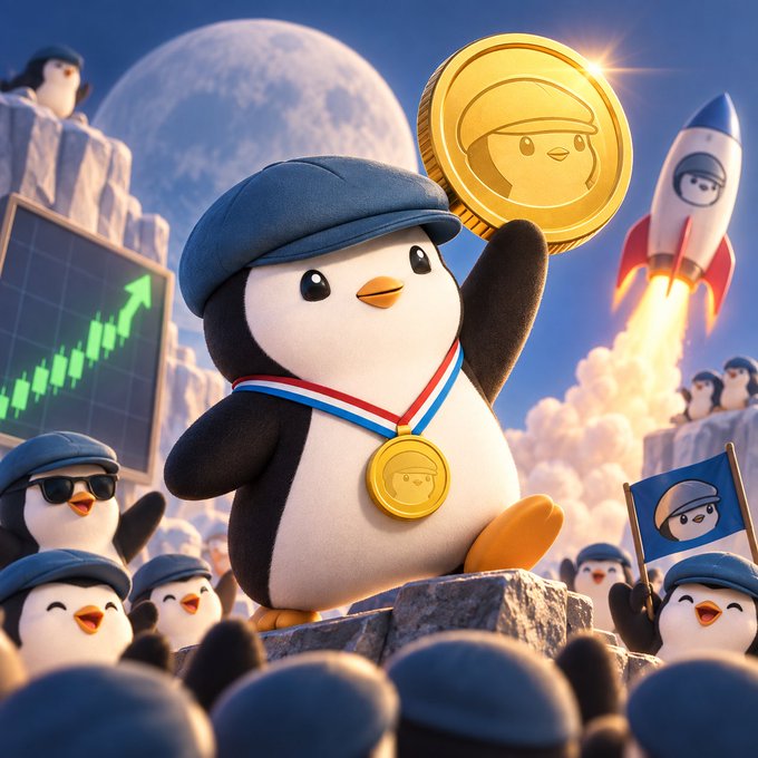 A cartoon penguin wearing a blue cap proudly holds up a gold coin emblazoned with its own face, standing on a podium before a cheering crowd of penguins, with a rocket launching skyward and a chart showing a green upward arrow in the background. The image ties to the post by symbolizing the excitement of meme token launches on Pons Launchpad, where new tokens are deployed to collect $NVDA swap fees, with the rocket representing the speculative upside and the chart reflecting the fee gains the author experienced while testing with @syndicate_hub.