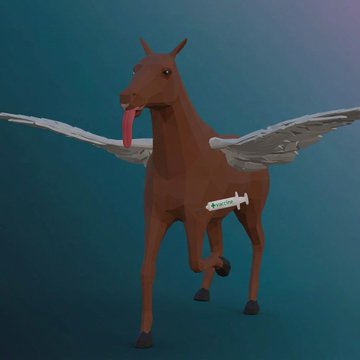 A low-poly 3D render depicts a brown winged horse with its tongue sticking out, carrying a small white missile labeled 'Junkrat' in a video game style.