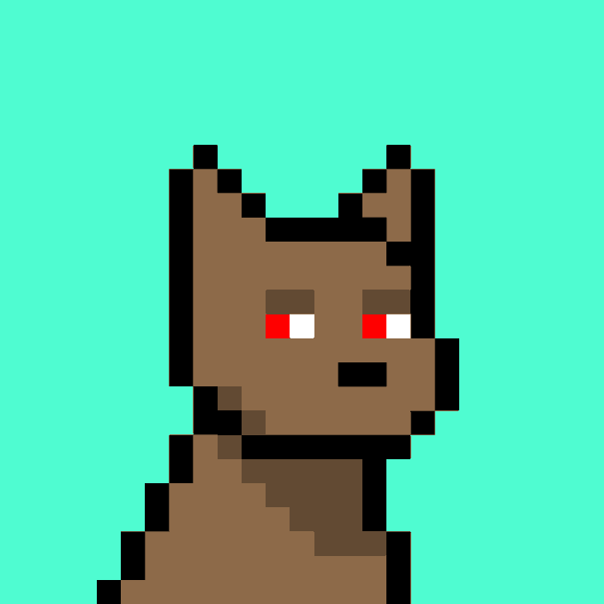 A low-resolution pixel art image of a brown character with red eyes on a teal background.