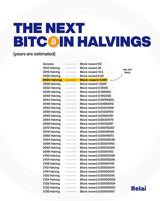 An infographic titled 'THE NEXT BITCOIN HALVINGS' by Relai, listing block rewards from Genesis (50) through future halvings up to 2136, highlighting the 2024 Halving with a block reward of 3.125 marked 'we are here'.
