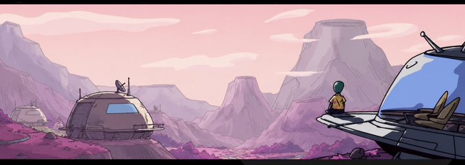 Animated sci-fi landscape with a character in a yellow shirt standing on a futuristic vehicle overlooking a canyon with domed structures, mountains, and a pink sky.