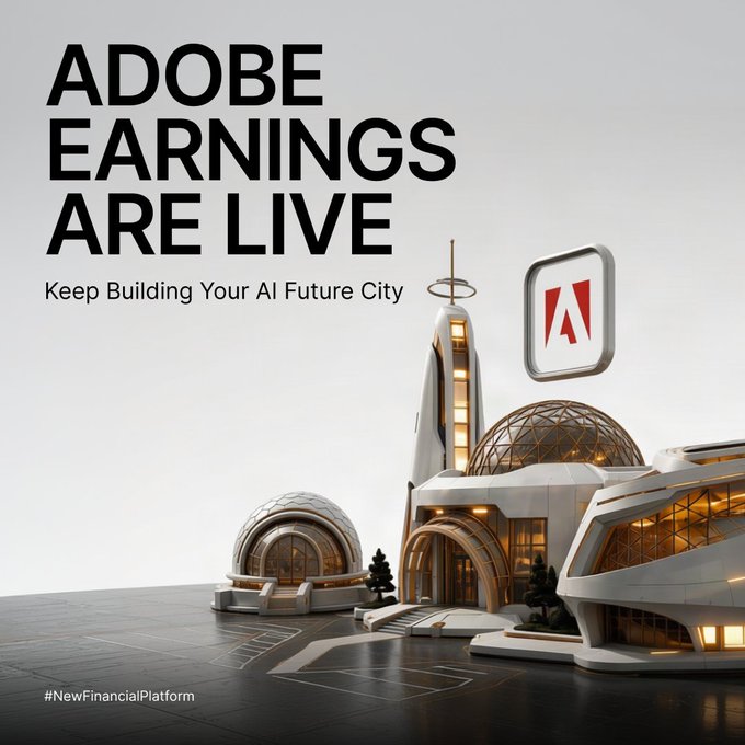 A futuristic white cityscape features the Adobe logo (ADBE) alongside bold text reading "ADOBE EARNINGS ARE LIVE" and the tagline "Keep Building Your AI Future City," with the hashtag "#NewFinancialPlatform" at the bottom—visually representing the milestone toward collecting the ADBE fragment and the $1,000 Genesis Grand Prize mentioned in the post.