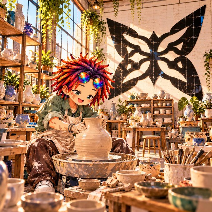 An anime-style illustration of a character with colorful dreadlocks and sunglasses shaping clay on a pottery wheel inside a sunlit studio filled with ceramic pieces and a large butterfly mural.