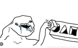 A crude black-and-white rage comic meme depicting a distressed crying character holding a 'SUBSCRIBE' button.