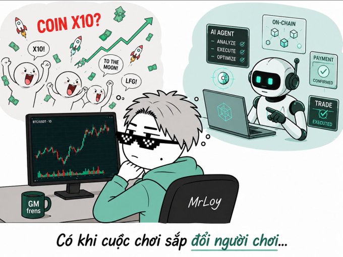 A cartoon illustration titled 'GM frens' showing a character named MrLoy wearing pixelated sunglasses at a trading desk, with thought bubbles depicting excited 'COIN X10?' moonshot dreams on one side and an AI trading robot executing on-chain payments and trades on the other, captioned 'Có khi cuộc chơi sắp đổi người chơi...'