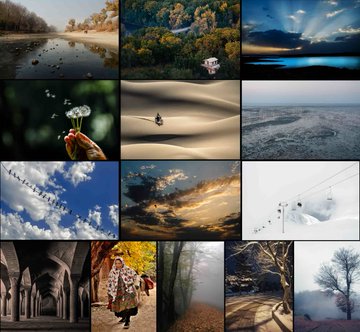 A 3x4 collage of diverse photographs featuring landscapes, nature scenes, a desert rider, sand dunes, skies with birds, and a misty forest path.
