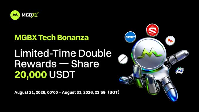A promotional graphic for the MGBX Tech Bonanza event featuring a robotic hand holding the MGBX logo surrounded by cryptocurrency icons, advertising a limited-time double rewards campaign with 20,000 USDT to share, running from August 21-31, 2026 (SGT).