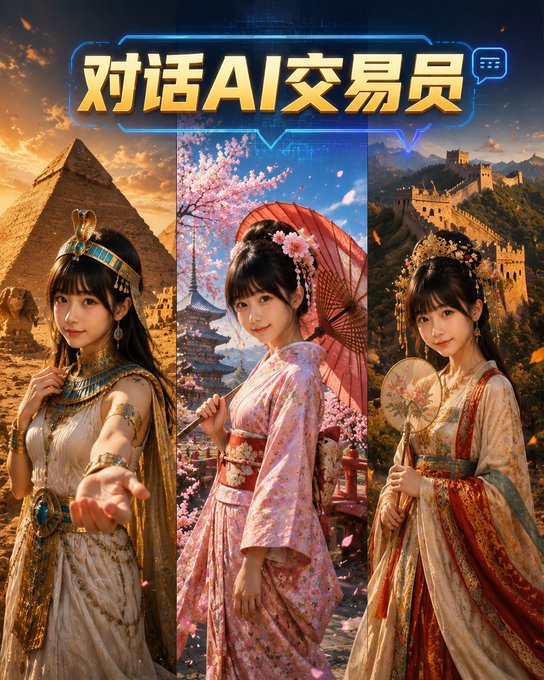 A promotional graphic in Chinese reading '对话AI交易员' (Chat with AI Trader) featuring three women in traditional outfits representing different cultures against Egyptian, Japanese, and Chinese landmarks.