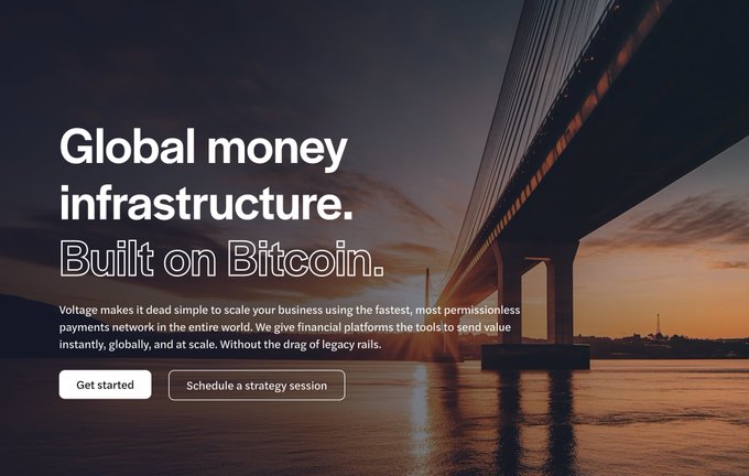 A bridge spans across water at sunset, with overlay text reading "Global money infrastructure. Built on Bitcoin." promoting Voltage's services for scaling businesses using the fastest, most permissionless Bitcoin payments network worldwide.

This visual reinforces the post's message by showcasing Voltage as the global money infrastructure that enables companies like Vida.io to offer seamless Bitcoin payments to employees through the Lightning Network, bridging traditional payroll with decentralized finance.