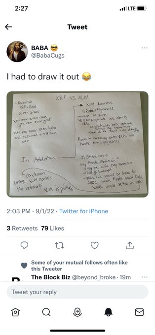 A screenshot of a tweet from @BabaCugs showing a hand-drawn diagram comparing XRP and XLM, listing their narratives, use cases, and stable coin features, posted on 9/1/22.