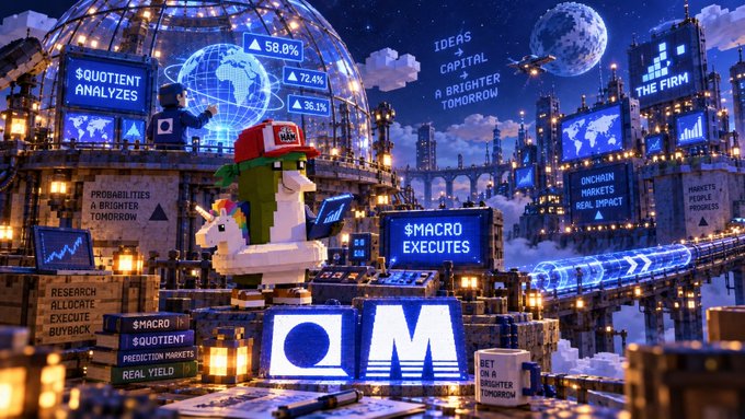**Image 1:** A pixel-art Lego character in a red cap stands in a futuristic, space-themed financial firm, holding a laptop next to a unicorn. The scene is filled with glowing displays showing terms like "$QUOTIENT ANALYZES," "$MACRO EXECUTES," "PROBABILITIES FOR A BRIGHTER TOMORROW," and large "OM" letters.