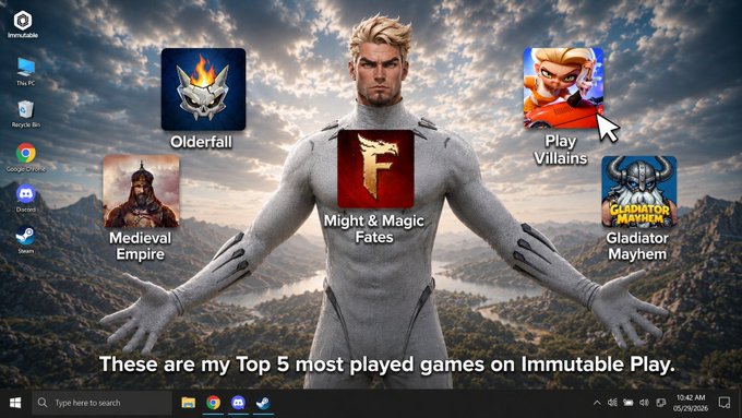 The image shows a computer screen displaying a list of five video game titles, including "Olderfall", "Fate", "Vulcanians", "Gaelator", and "Mayhem". The text above the images reads "These are my Top 5 most played games on Immutable Play."