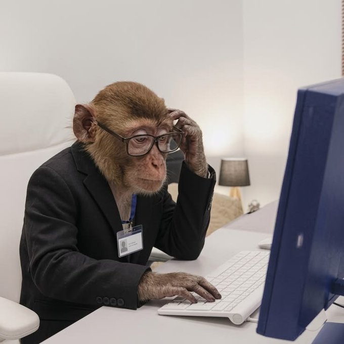 A monkey wearing glasses, a dark suit, and an ID badge, sitting at a desk and typing on a white keyboard in front of a blue computer monitor.