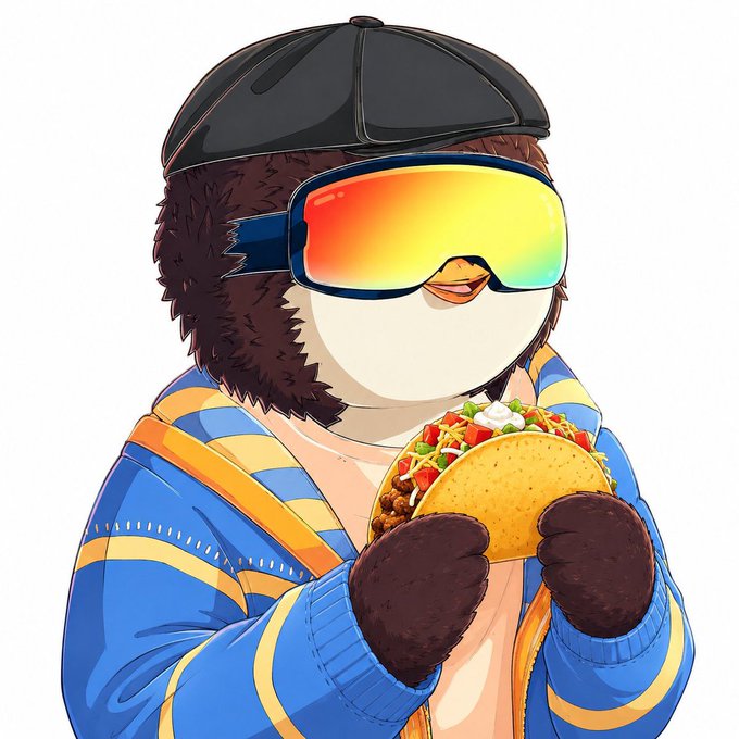 An illustration of a penguin wearing a black cap, reflective ski goggles, and a blue jacket, holding a large taco filled with meat, lettuce, and tomatoes.