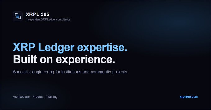 A dark website banner for “XRP Ledger expertise. Built on experience.” describes specialist engineering for institutions and community projects, with “xrpl365.com” at the lower right.