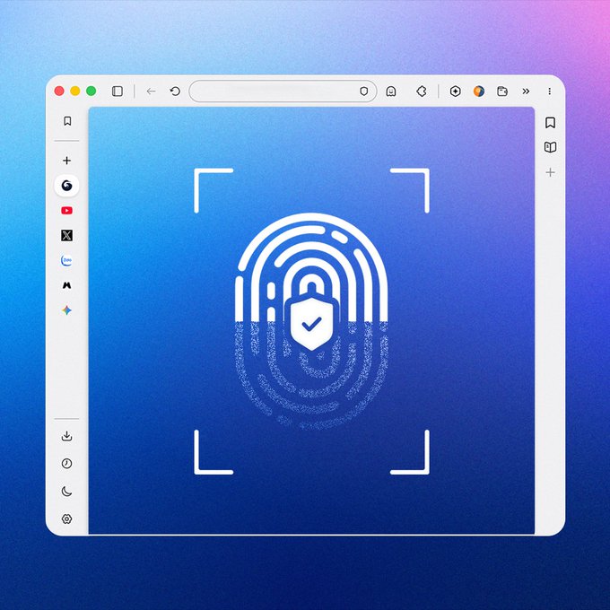 A digital illustration of a web browser window displaying a fingerprint and shield icon, symbolizing online security or identity verification.