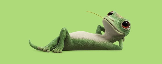 A 3D rendered or animated green gecko with a cream-colored belly lies on its side against a solid lime green background, with a single blade of grass extending from its mouth.