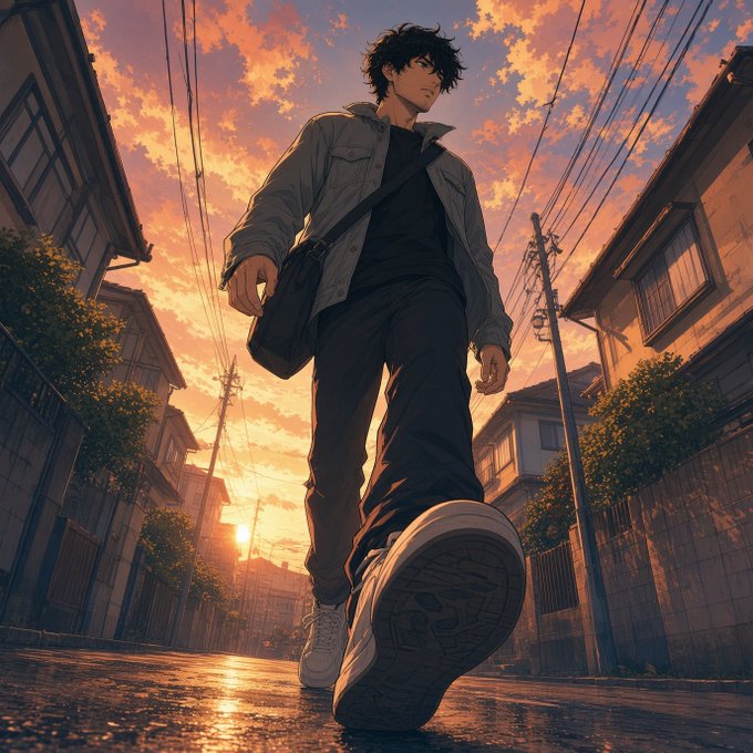 An anime-style illustration of a young man with messy dark hair walking down a street at sunset, wearing a gray jacket, black shirt, and dark pants with a messenger bag.