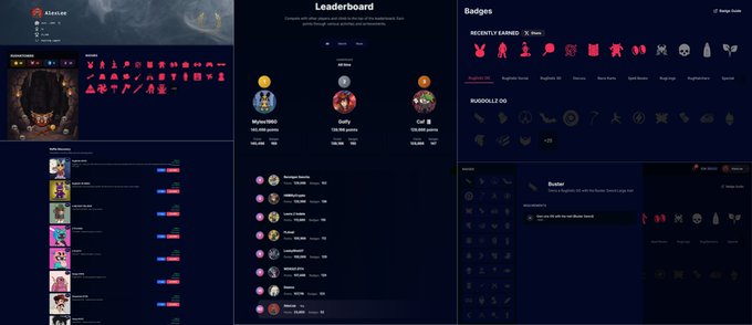 Screenshots of the Aleezee game showing a leaderboard with players Myra1993, Dolly, and Cat in the top three, a list of inactive players, a Badges page displaying earned icons, and a dialogue box from 'Buster'.
