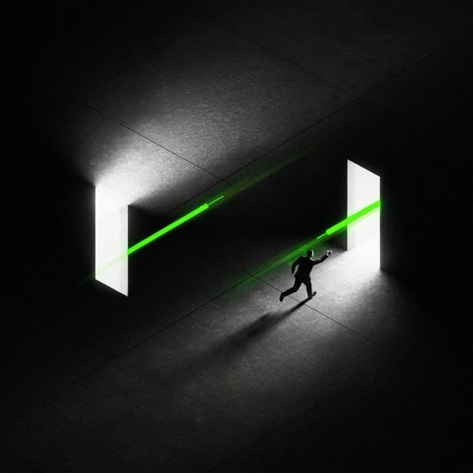 A silhouetted figure runs between two illuminated doorways while crossing a green laser beam, symbolizing the futility of chasing opportunities. The image visually reinforces the message that traders should use limit orders to let opportunities come to them rather than recklessly chasing them.