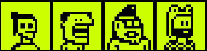 Four pixelated 8-bit style character sprites displayed side-by-side on a neon yellow-green background.