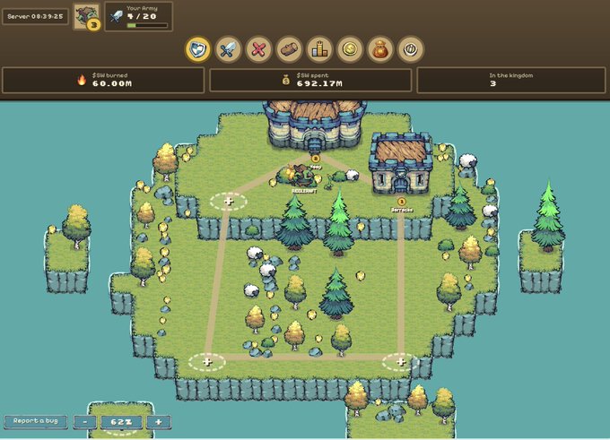A screenshot from the NFT game Stonewatch, showing a top-down pixel art kingdom-building interface with "Your Army" stats of 4/20, 60.00M stone resources, and 652.17M gold, alongside UI icons for weapons, building, and a "Report a bug" button—reflecting the medieval strategy gameplay highlighted in the promotional tweet.