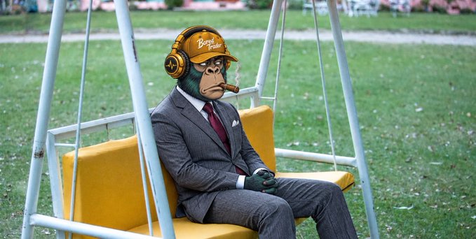A Bored Ape character wearing a gray suit, headphones labeled 'Bored of Funk', and smoking a cigar sits on a yellow swing bench in a grassy field.