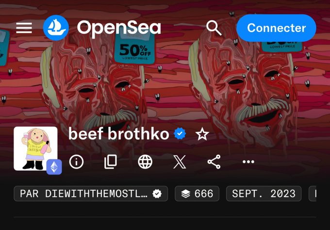 An OpenSea NFT profile page for 'beef brothko' with a verified checkmark, showing a pink avatar, collection name 'PAR_DIEWITHTHEMOSTL...', 666 items, and a creepy distorted background image with a '50% OFF' sign.