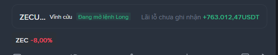 A Vietnamese trading alert for 'ZECU' indicating 'Vĩnh cầu' that the 'Lãi lỗ chưa ghi nhận' (unrealized P&L) is +763,012.47 USDT, alongside a ZEC chart showing -8.00%.