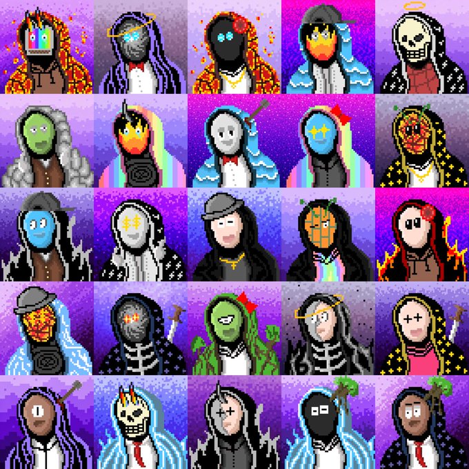 A grid of 25 pixel art character portraits featuring various hooded figures with different face designs, backgrounds, and accessories against colorful gradient backgrounds.