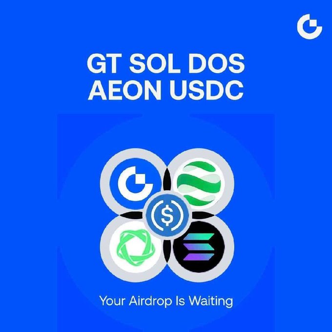 Blue promotional graphic reading 'GT SOL DOS AEON USDC' with the Google 'G' logo and the text 'Your Airdrop Is Waiting' displayed below four circular cryptocurrency icons.