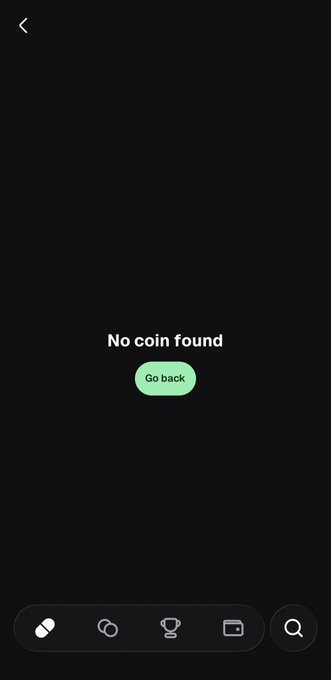 A dark mobile app screen displaying 'No coin found' with a green 'Go back' button and a bottom navigation bar.