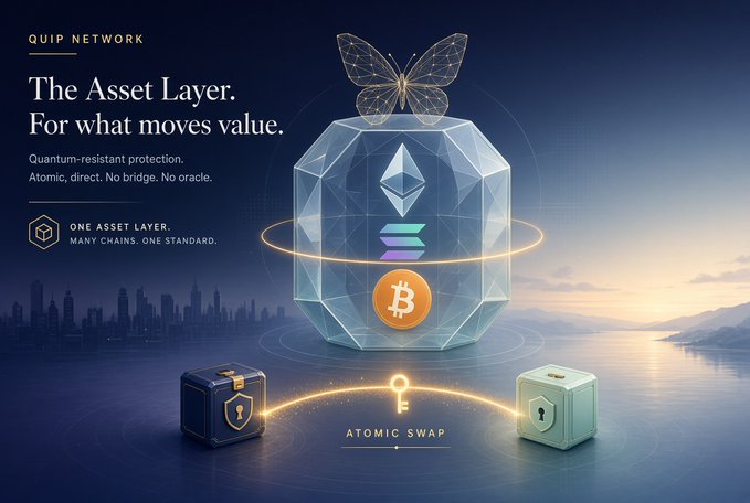 A promotional graphic for 'Quip Network' titled 'The Asset Layer. For what moves value,' featuring a faceted gemstone containing Ethereum and Bitcoin logos, with atomic swap illustrations and a butterfly above.