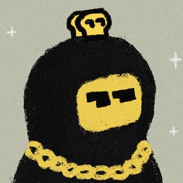 A cartoon illustration shows a black beanie hat character with a yellow pixelated face wearing sunglasses and a gold chain against a starry background.