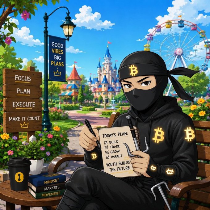 The image shows a masked Bitcoin-themed anime character sitting on a park bench at an amusement park, writing on a checklist titled "TODAY'S PLAN" with items like "Build," "Trade," "Grow," and "Impact," alongside a wooden sign reading "Focus, Plan, Execute, Make It Count" and a banner stating "Good Vibes Big Plans." Books labeled "Mindset," "Markets," and "Movement" sit nearby, reinforcing the post's motivational "GM Happy Wednesday Hodlers!" message about starting another productive day in crypto.