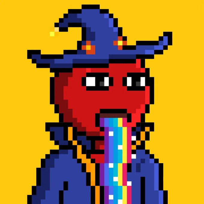 A pixel art illustration of a red-faced wizard with glowing orange eyes, wearing a large blue pointed hat and robe, vomiting a rainbow stream against a solid yellow background.