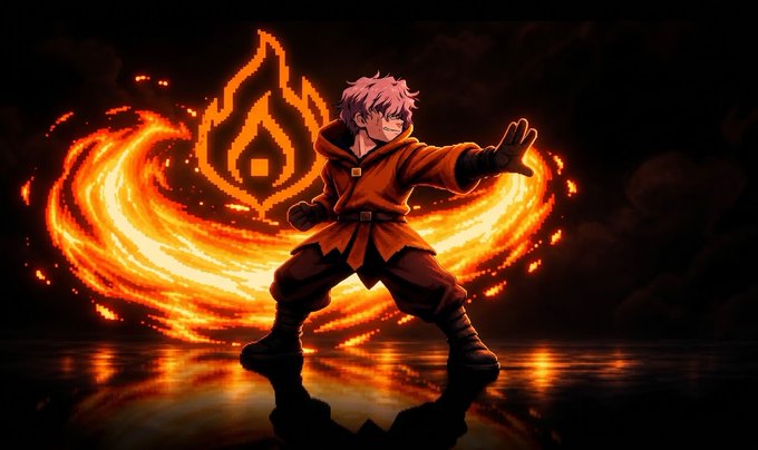 An anime-style character with pink hair in a dynamic martial arts pose, surrounded by swirling orange flames and a fiery emblem against a dark background.