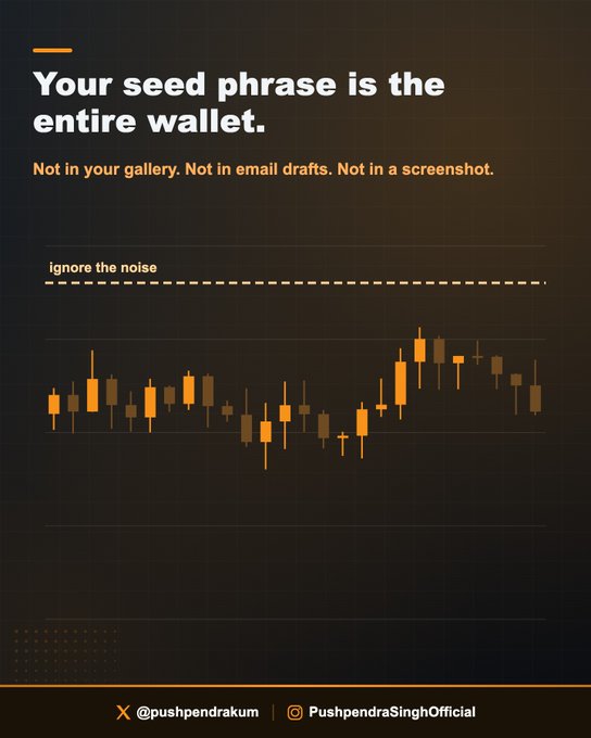 The image is a minimalist crypto-themed graphic with the bold header "Your seed phrase is the entire wallet." and the warning "Not in your gallery. Not in email drafts. Not in a screenshot." alongside a candlestick chart and the phrase "ignore the noise," crediting @pushpendrakum and PushpendraSinghOfficial, reinforcing the post's message about storing seed phrases securely offline.