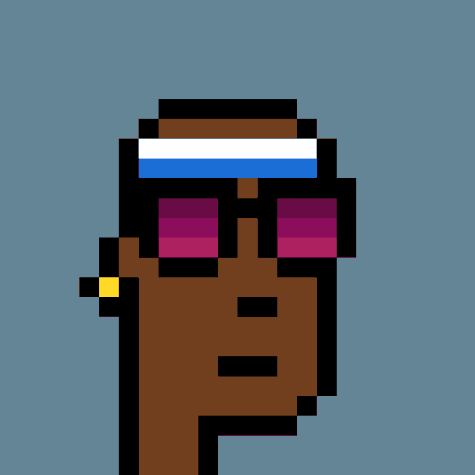 A pixel art portrait of CryptoPunk #4256, a dark-skinned character wearing a white and blue headband and magenta sunglasses with a small earring. The post confirms this specific Punk was purchased for 33.40 ETH ($64,289 USD), with the image serving as the visual representation of the NFT being traded.