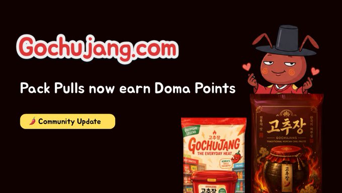 The image is a promotional announcement for Gochujang.com featuring a cartoon gochujang paste mascot wearing a traditional Korean hat, alongside product packaging for "Gochujang The Everyday Heat" and a traditional jar of Korean chili paste, with text reading "Pack Pulls now earn Doma Points" and a "Community Update" tag.