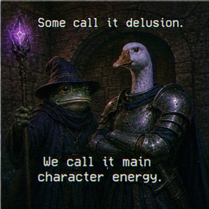 A meme-style illustration showing a goblin wizard with a staff next to a goose knight in armor, with text reading 'Some call it delusion. We call it main character energy.'