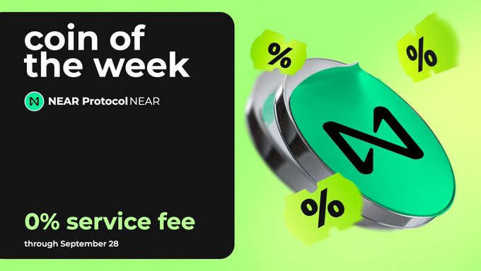 A promotional graphic for 'coin of the week' features 'NEAR Protocol NEAR' with a '0% service fee through September 28' offer, alongside a stylized coin graphic with a green 'N' symbol.