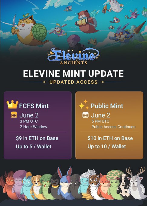 The image features an updated Elevine minting system, and its release date has been pushed back to June 2nd at 4 PM local time. An email address "efs mint" was provided along with a link to the Mint Update page where users can learn about the changes and how to use it. The post also includes several characters from various sources such as "FCCS Mint", "Public Mint", and "Ether on Base".