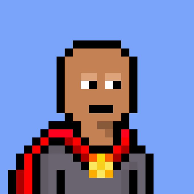 A pixelated digital portrait of a dark-skinned figure with short black hair, wearing a red and black plaid shirt with a yellow gem-like accent on a light blue background.