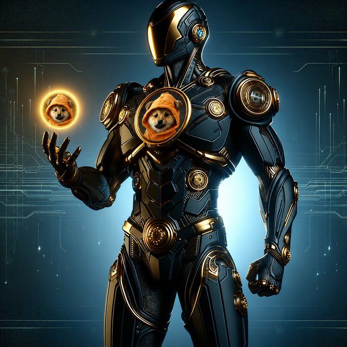 A futuristic blue and gold robot holds a glowing orb of a dog in a hoodie, with a matching dog emblem on its chest, visually representing the '$DOG Mode' concept.