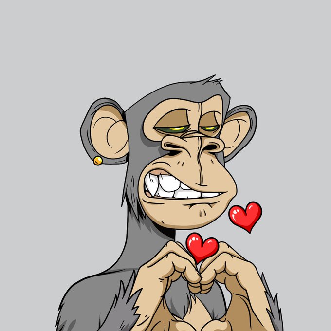 The image features a cartoon monkey with big ears, holding two hearts together as if they were a kiss or an embrace. The background of the image is gray, which contrasts nicely with the vibrant colors of the hearts and the monkey's fur. The caption below the image reads "Follow all these monkes below! Bored Ape Yacht Club going global." This message seems to be related to the cartoon monkey in some way or another, possibly as a part of an advertisement or social media post promoting the cartoon character.

The main focus of the image is on the monkey holding the hearts together and appears to be making a kiss-like gesture with them. The monkeying's big ears add to its cartoon appearance, making it a fun and engaging visual for viewers.